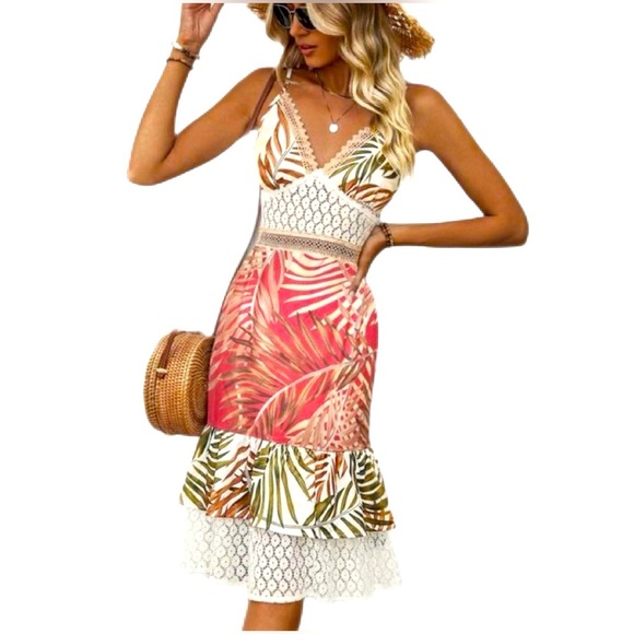 SHEIN ~ Women’s playful spaghetti strap tiered ruffle tropical dress size M - Picture 1 of 7